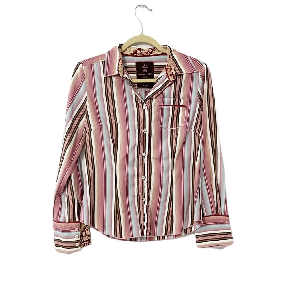 🟢Indigo Palms Chinos Women Button Front Shirt Multicolor Stripe Collar Pocket S